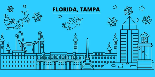 USA, Tampa vintern semester silhuett. God jul, gott nytt år dekorerad banner med Santa Claus.United staterna, Tampa linjär jul city platt vektorillustration — Stock vektor