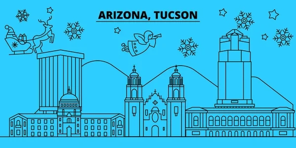 Vereinigte Staaten, Tucson Winter Ferien Skyline. Frohe Weihnachten, frohes neues Jahr geschmücktes Banner mit Weihnachtsmann claus.united states, Tucson linearer Weihnachtsstadt-Vektor flache Illustration — Stockvektor