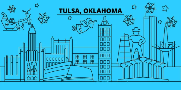 Estados Unidos, Tulsa horizonte de vacaciones de invierno. Feliz Navidad, Feliz Año Nuevo decorado banner con Santa Claus.United States, Tulsa lineal navidad ciudad vector plana ilustración — Vector de stock