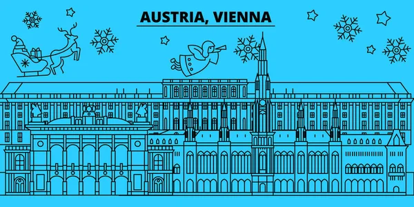 Austria, Vienna city winter holidays skyline. Merry Christmas, Happy New Year decorated banner with Santa Claus.Flat, outline vector.Austria, Vienna city linear christmas city illustration — Stock Vector