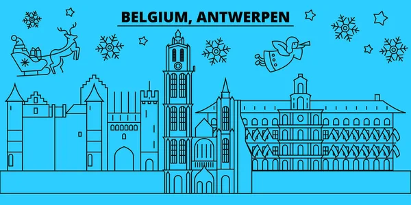 Belgien, Antwerpen Winterferien Skyline. frohe Weihnachten, frohes neues jahr geschmücktes banner mit weihnachtsmann claus.flat, outline vector.belgium, antwerpen lineare weihnachtsstadt illustration — Stockvektor