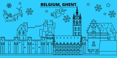 Belçika, Ghent kış tatil manzarası. Mutlu Noeller, mutlu yeni yıl afiş Santa Claus.Belgium, Ghent doğrusal Noel şehir vektör düz çizim ile dekore edilmiş