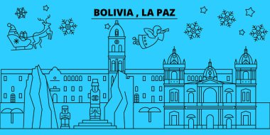 Bolivya, La Paz kış tatil manzarası. Mutlu Noeller, mutlu yeni yıl afiş Santa Claus.Bolivia, La Paz doğrusal Noel şehir vektör düz çizim ile dekore edilmiş