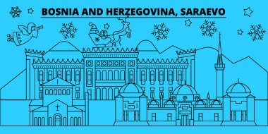Bosna-Hersek, Saraevo kış tatil manzarası. Mutlu Noeller, mutlu yeni yıl Santa Claus.Bosnia ve Hersek, Saraevo doğrusal Noel şehir vektör düz çizim ile