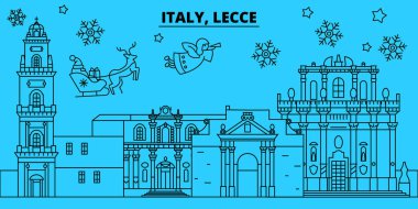 İtalya, Lecce kış tatil manzarası. Mutlu Noeller, mutlu yeni yıl afiş Santa Claus.Flat, Anahat vektör ile dekore edilmiştir. İtalya, Lecce doğrusal Noel şehir şekil
