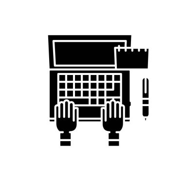 Programcı işareti izole arka plan üzerinde siyah dizüstü bilgisayar simgesine vektör. Programcı dizüstü bilgisayar kavramı sembolü, illüstrasyon 