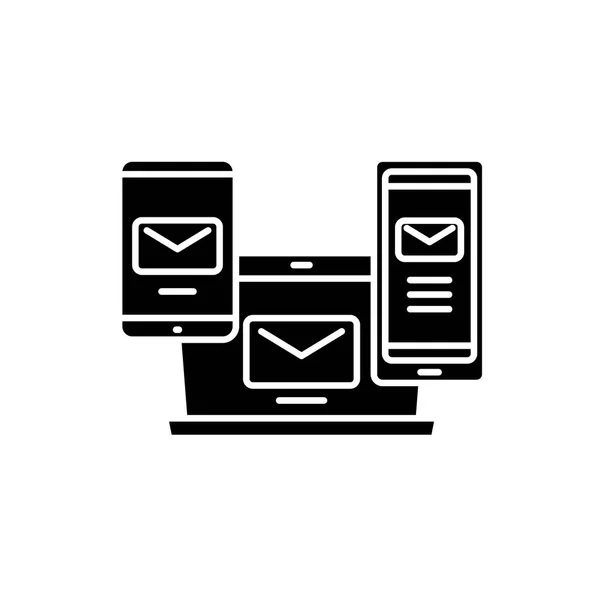 Gestion des e-mails icône noire, signe vectoriel sur fond isolé. Symbole du concept de gestion du courrier électronique, illustration — Image vectorielle