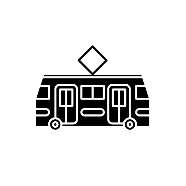 Straßenbahn schwarzes Symbol, Vektorzeichen auf isoliertem Hintergrund. Straßenbahnkonzept Symbol, Illustration — Stockvektor