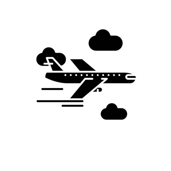 Avión icono negro, signo vectorial sobre fondo aislado. Símbolo de concepto de avión, ilustración — Vector de stock