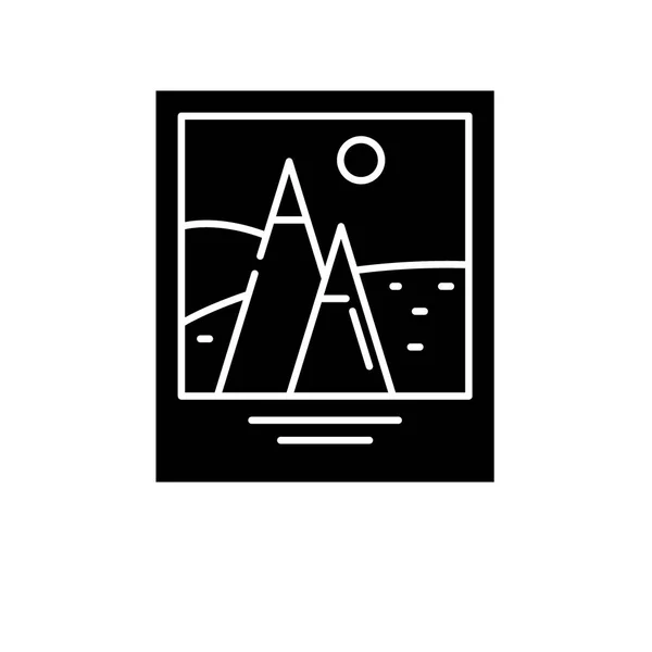Передвижная фотография черный значок, векторный знак на изолированном фоне. Символ концепции туристической фотографии, иллюстрация — стоковый вектор