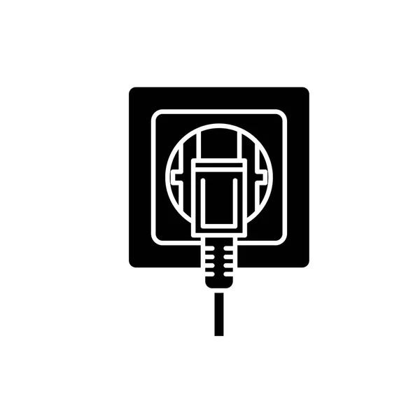 Salida eléctrica icono negro, signo vectorial sobre fondo aislado. Símbolo de concepto de toma eléctrica, ilustración — Vector de stock