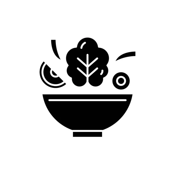 Cuenco de ensalada icono negro, signo vectorial sobre fondo aislado. Cuenco de ensalada concepto símbolo, ilustración — Vector de stock