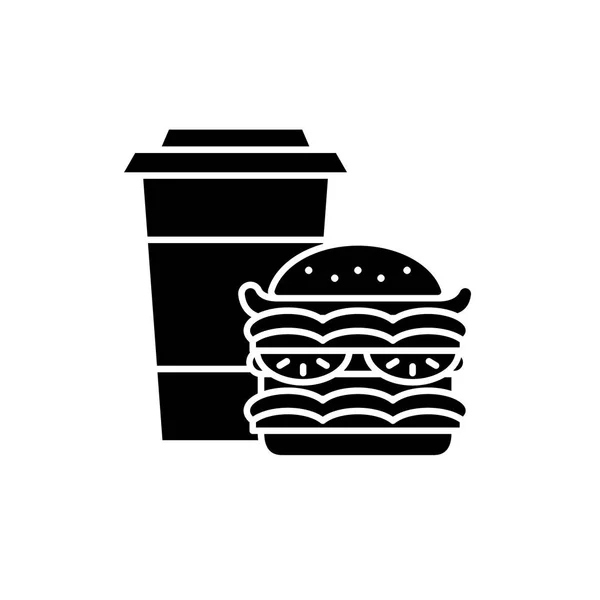 Hambúrguer e café ícone preto, sinal de vetor em fundo isolado. Hambúrguer e café conceito símbolo, ilustração — Vetor de Stock