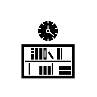 Kitaplık işareti izole arka plan üzerinde siyah saat simgesi ile vektör. Saat kavramı sembol, şekil ile Bookshelf 
