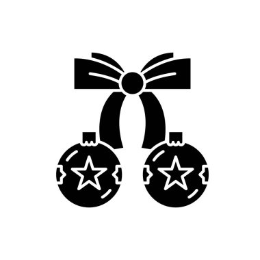 Noel topları yay siyah simgesi, izole arka plan tabelada vektör. Noel topları ile yay kavramı sembol, illüstrasyon 