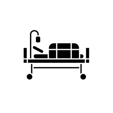 Yatak hastane siyah simgesinde izole arka plan tabelada vektör. Hastane kavramı sembol, illüstrasyon yatakta 
