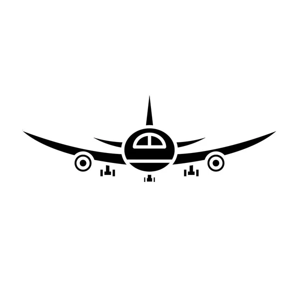 Avión vuelo icono negro, signo de vector en el fondo aislado. Símbolo de concepto de vuelo del avión, ilustración — Vector de stock