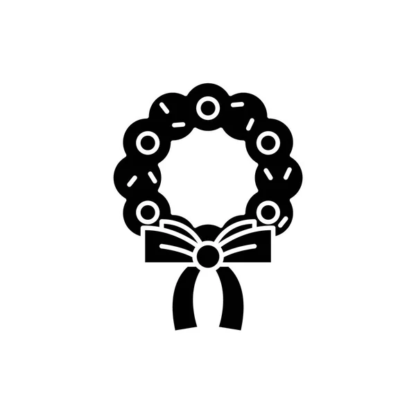 Corona de Navidad icono negro, signo vectorial sobre fondo aislado. Guirnalda de Navidad concepto símbolo, ilustración — Archivo Imágenes Vectoriales