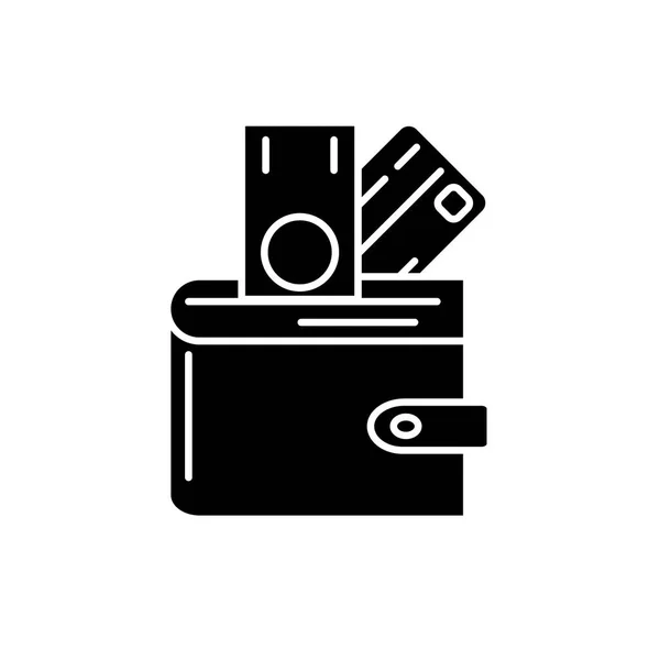 Cartera con el dinero icono negro, signo de vector en el fondo aislado. Billetera con símbolo de concepto de dinero, ilustración — Archivo Imágenes Vectoriales