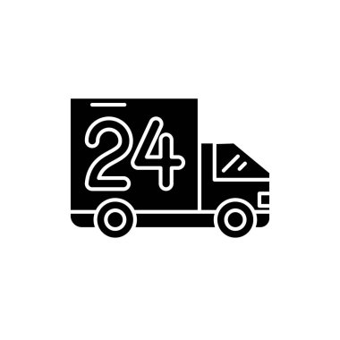 24 saat teslimat siyah kutsal kişilerin resmi, vektör izole arka plan üzerinde işareti. 24 saat teslimat kavramı sembol, illüstrasyon 