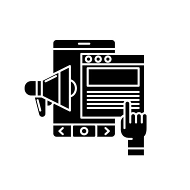 Online promosyon siyah kutsal kişilerin resmi, vektör izole arka plan üzerinde işareti. Online promosyon kavramı sembol, illüstrasyon 