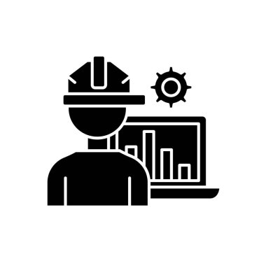 Üretim otomasyon siyah kutsal kişilerin resmi, vektör izole arka plan üzerinde işareti. Üretim otomasyon kavramı sembol, illüstrasyon 