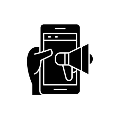 Mobil promosyon siyah kutsal kişilerin resmi, vektör izole arka plan üzerinde işareti. Mobil promosyon kavramı sembol, illüstrasyon 