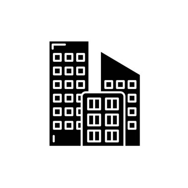 Ofis binaları siyah kutsal kişilerin resmi, vektör izole arka plan üzerinde işareti. Ofis binaları kavramı sembol, illüstrasyon 