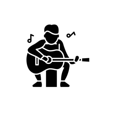 Gitar oyuncu siyah kutsal kişilerin resmi, vektör izole arka plan üzerinde işareti. Gitar oyuncu kavramı sembol, illüstrasyon 
