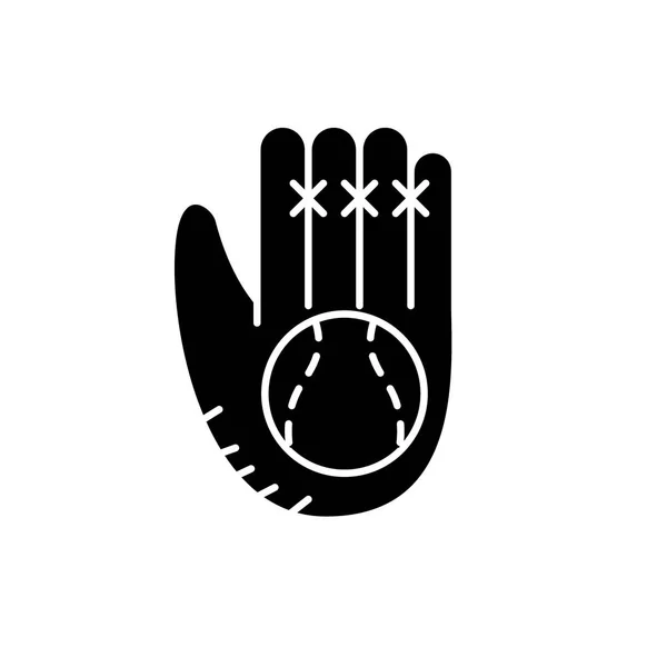Sarung tangan bisbol ikon hitam, tanda vektor pada latar belakang terisolasi. Simbol konsep sarung tangan baseball, ilustrasi - Stok Vektor