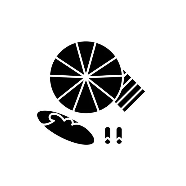 Guarda-chuva de praia e placa de natação ícone preto, sinal de vetor em fundo isolado. Guarda-chuva de praia e símbolo conceito de prancha de natação, ilustração —  Vetores de Stock