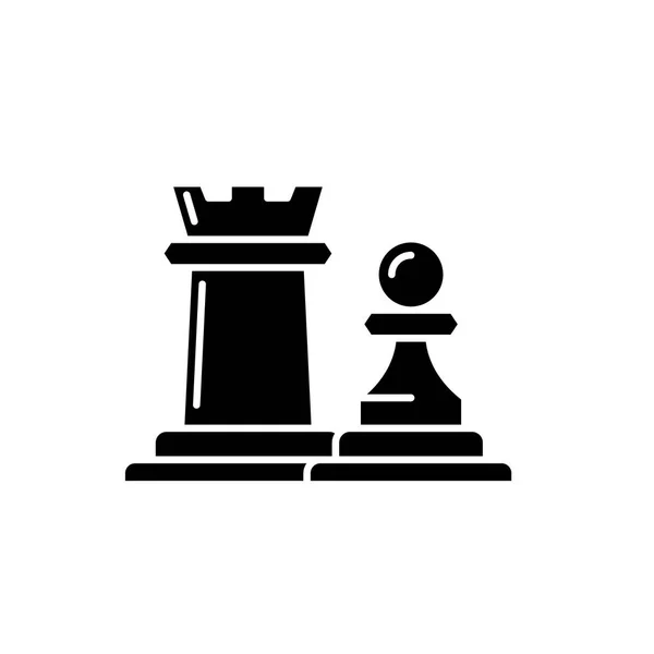 체스 조각 루크와 폰 블랙 아이콘, 고립 된 배경에 로그인 벡터. 체스 조각 띠 까마귀와 담보 개념 기호, 그림 — 스톡 벡터