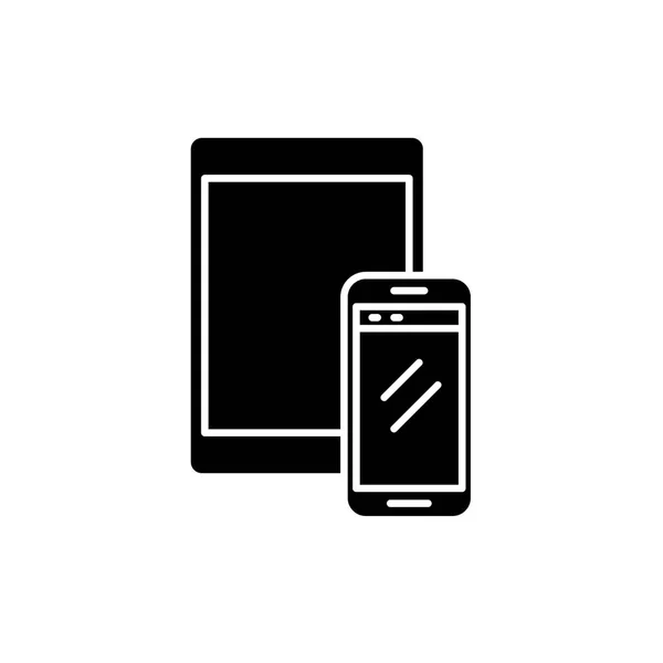 Tableta y teléfono inteligente icono negro, signo de vector en el fondo aislado. Símbolo de concepto de tableta y smartphone, ilustración — Archivo Imágenes Vectoriales