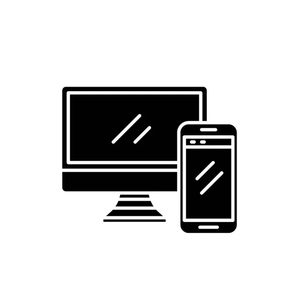 Ordenador y teléfono inteligente icono negro, signo de vector en el fondo aislado. Símbolo de concepto de computadora y smartphone, ilustración — Vector de stock