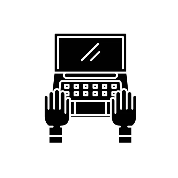 Computer lavorare icona nera, segno vettoriale su sfondo isolato. Simbolo del concetto di lavoro informatico, illustrazione — Vettoriale Stock