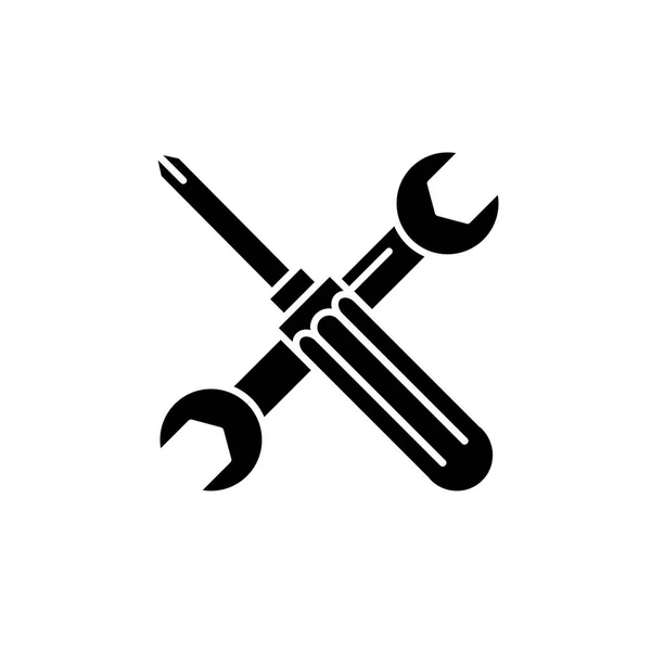 Obeng dan ikon hitam kunci pas, tanda vektor pada latar belakang yang terisolasi. Obeng dan kunci pas konsep simbol, ilustrasi - Stok Vektor
