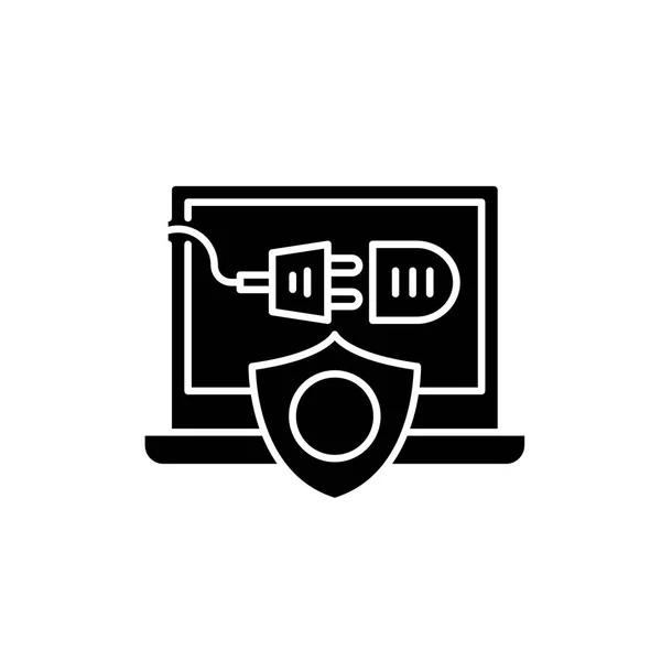 Icono negro de protección de energía informática, signo vectorial sobre fondo aislado. Símbolo del concepto de protección de energía informática, ilustración — Vector de stock