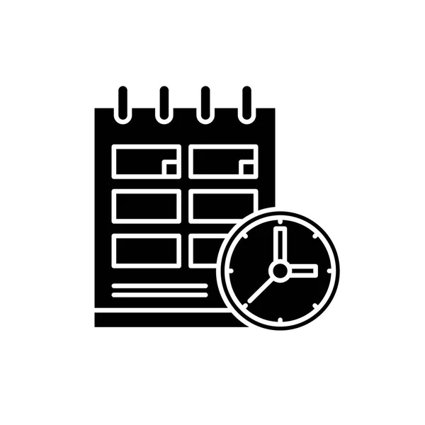 Zeitplan schwarzes Symbol, Vektorzeichen auf isoliertem Hintergrund. Fahrplankonzept Symbol, Illustration — Stockvektor