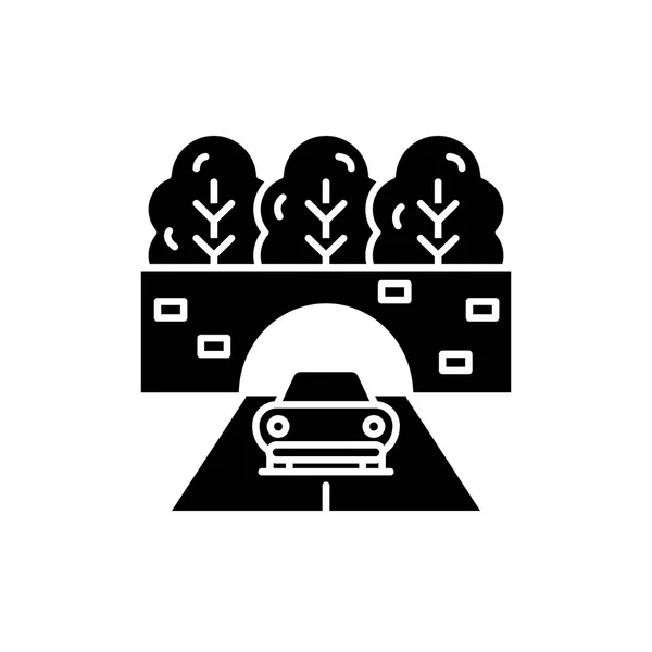 Viaggiare in auto icona nera, segno vettoriale su sfondo isolato. Viaggiare con il concetto di automobile simbolo, illustrazione — Vettoriale Stock