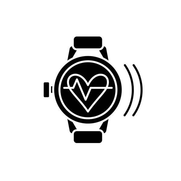 Smart Watch mit pulsschwarzem Symbol, Vektor-Zeichen auf isoliertem Hintergrund. Smartwatch mit Pulskonzeptsymbol, Illustration — Stockvektor