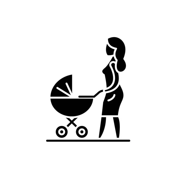 Mãe com uma carruagem de bebê ícone preto, sinal de vetor em fundo isolado. Mãe com um símbolo de conceito de carrinho de bebê, ilustração — Vetor de Stock
