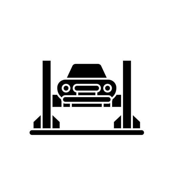 Carro de reparação loja ícone preto, sinal de vetor no fundo isolado. Símbolo de conceito de oficina de reparo de carro, ilustração — Vetor de Stock
