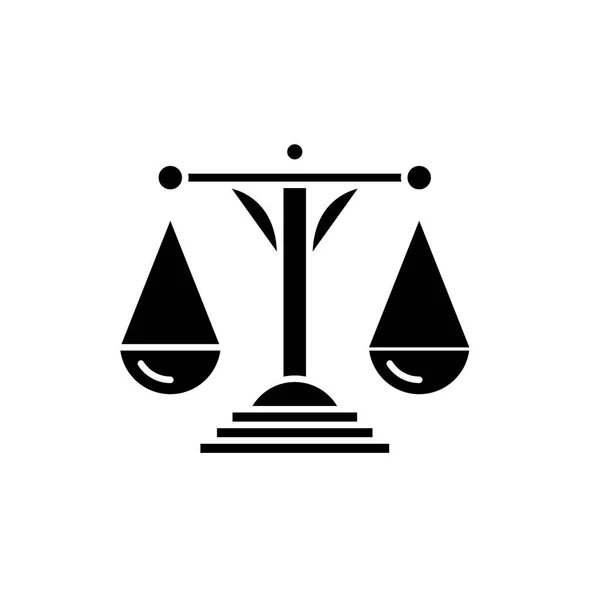 Escalas de justiça ícone preto, sinal de vetor em fundo isolado. Escalas de conceito de justiça símbolo, ilustração —  Vetores de Stock