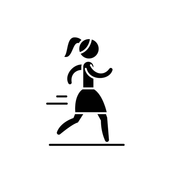 Mujer corriendo icono negro, signo vectorial sobre fondo aislado. Mujer corriendo concepto símbolo, ilustración — Vector de stock