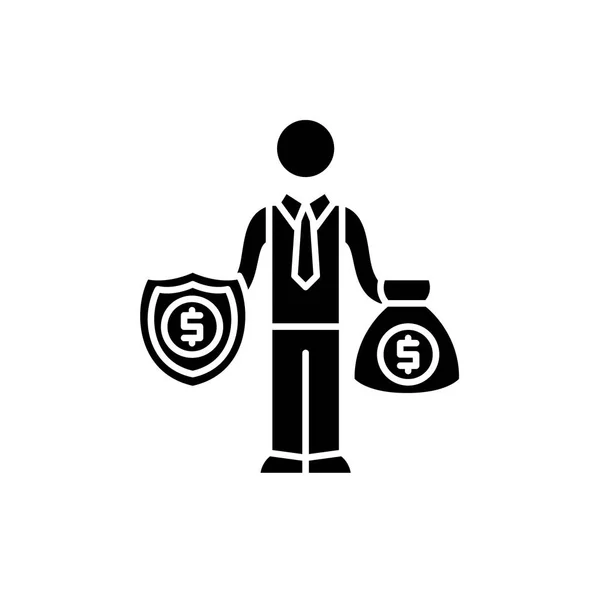 Happy rich businessman black icon, vector sign on isolated background. Happy rich businessman concept symbol, illustration — Stock Vector