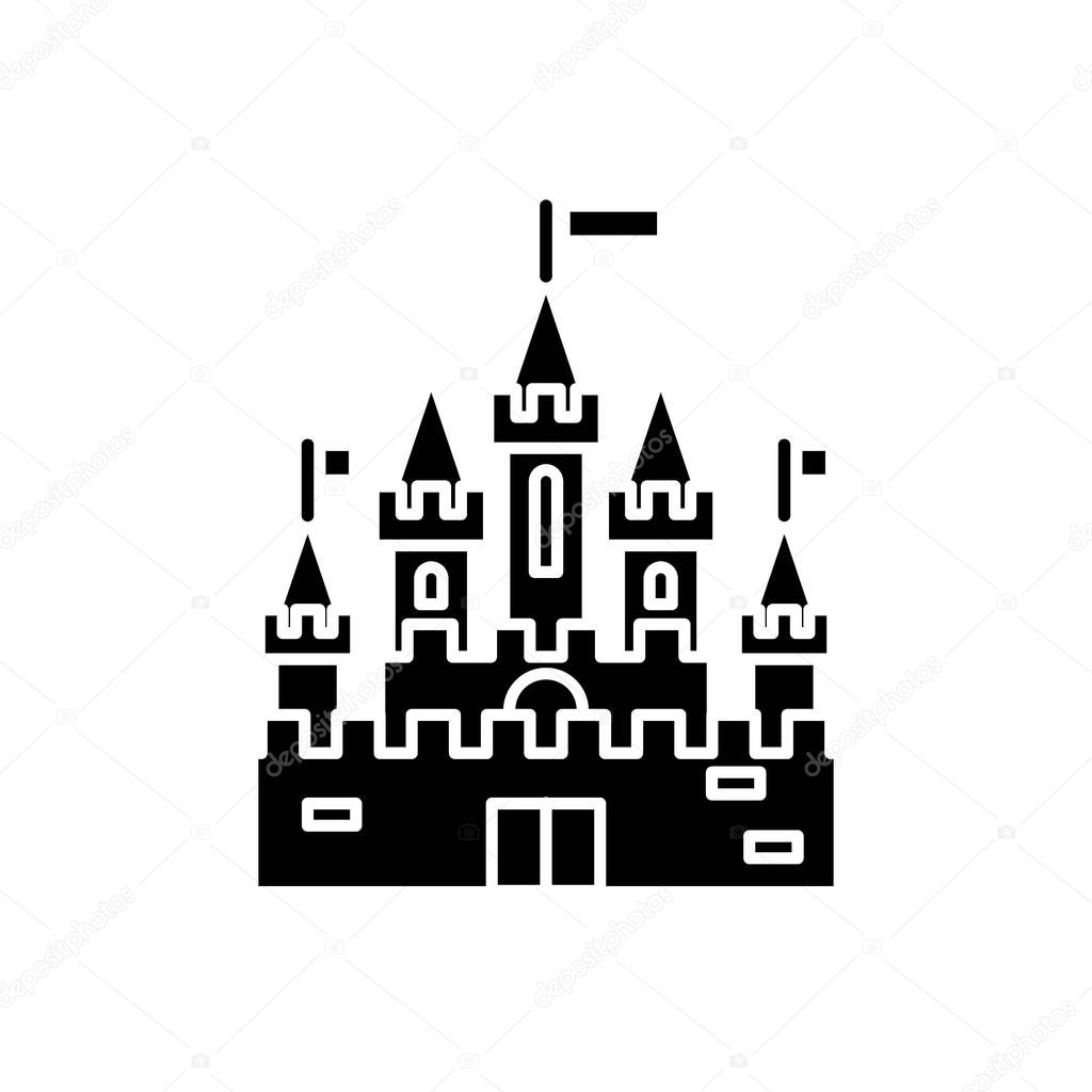 Princess castle black icon, vector sign on isolated background. Princess castle concept symbol, illustration 