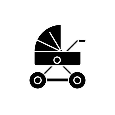 Bebek arabası siyah simge bebeğim, izole arka plan tabelada vektör. Bebek arabası kavramı sembol, illüstrasyon 