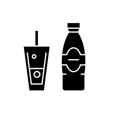 Şişe ve bardak maden suyu siyah kutsal kişilerin resmi, vektör izole arka plan üzerinde işareti. Şişe ve bardak maden suyu kavramı sembol, illüstrasyon 