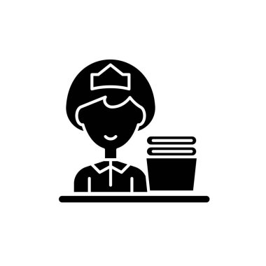 Bayan siyah simge temizlik, izole arka plan tabelada vektör. Temizlikçi kadın kavramı sembol, illüstrasyon 