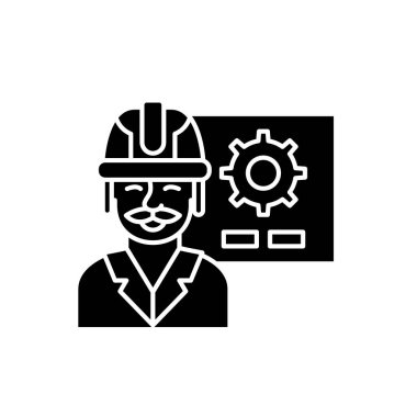 Üretim sunuyu siyah kutsal kişilerin resmi, vektör izole arka plan üzerinde işareti. Üretim sunu kavramı sembol, illüstrasyon 